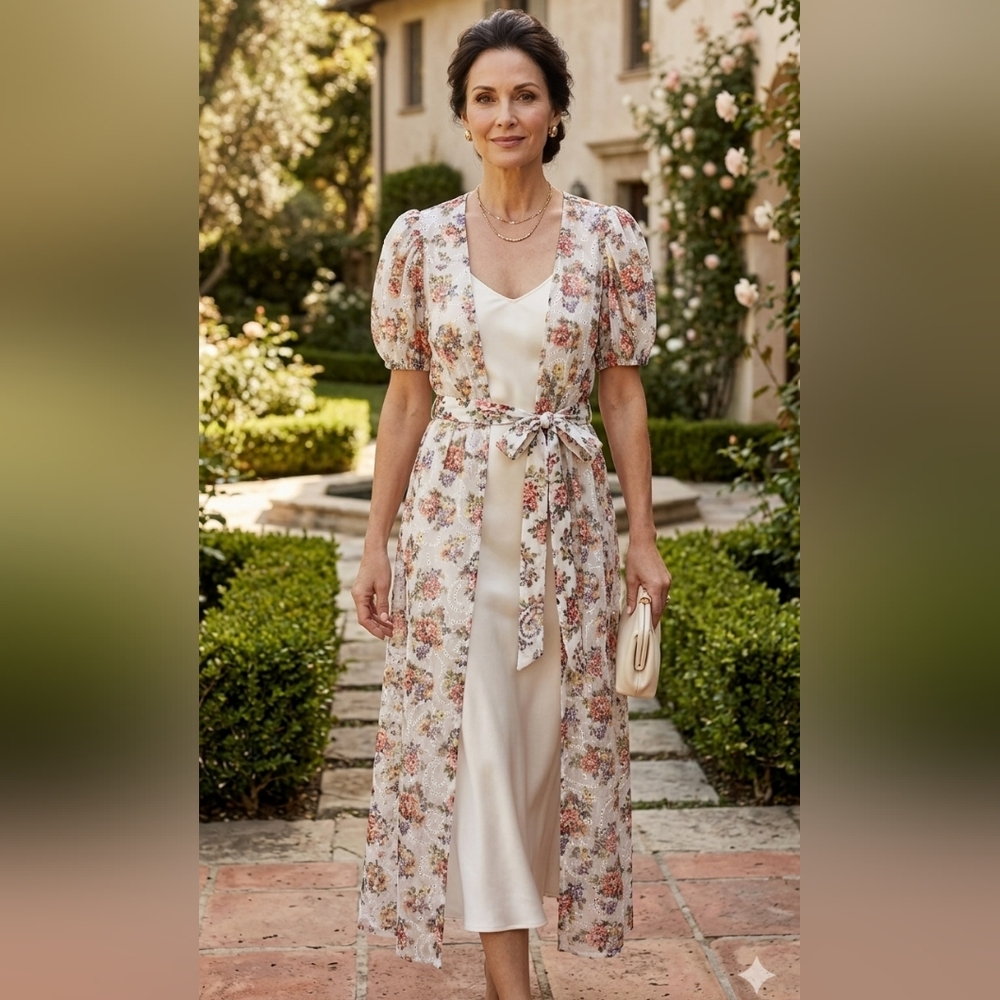 Alice + Olivia Jessamy Puff Sleeve Floral Eyelet Maxi Robe Duster Small Petite